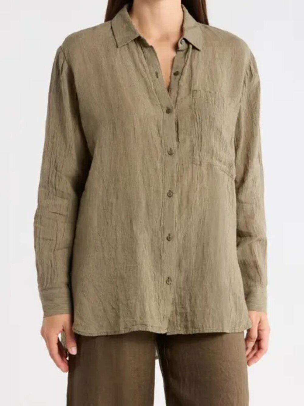 Eileen Fisher Organic Linen Button Front Shirt Taupe XXS Relaxed Long Sleeve S M